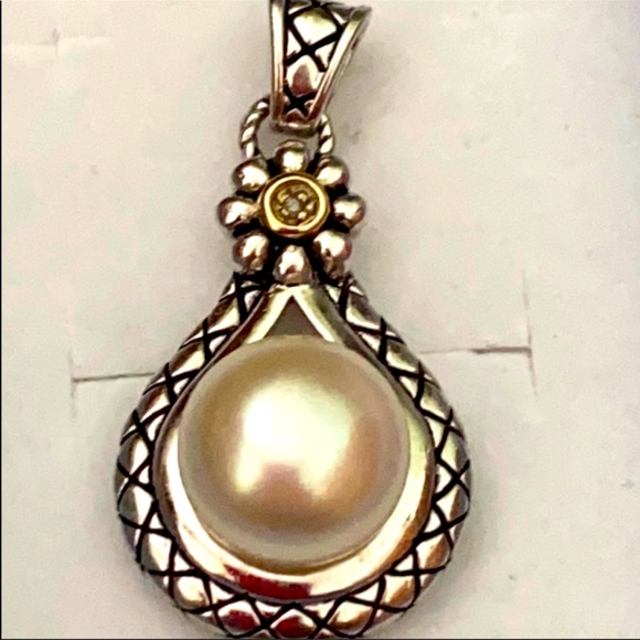 Sterling Silver & 14k Gold Pearl Diamond 💎 Pendant Necklace!!!! - Picture 1 of 3